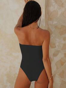 Swim Chiccia Swim Chicsea 女款純色平口 3D 花卉連身泳衣，適合夏季海灘度假 - 黑色 - 查看 2