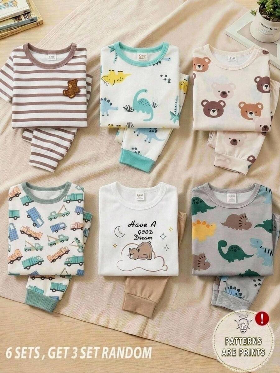 SHEIN Baby Boy Snug Fit Cartoon Bear Striped Pattern Skin-Friendly Soft Comfortable Home Pajama Set 6pcs - Multicolor - View 1
