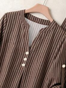 Rusticease Women's Minimalist Button Striped Colorblock Shirt And Loose Long Pants 2 Pieces Set - Brown - View 6