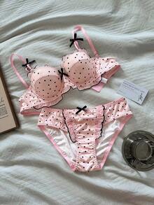 Napfluff Set Bra Push-Up Setengah Cup Motif Polkadot Pink & Hitam dengan Pita untuk Wanita - Coral Pink - View 1