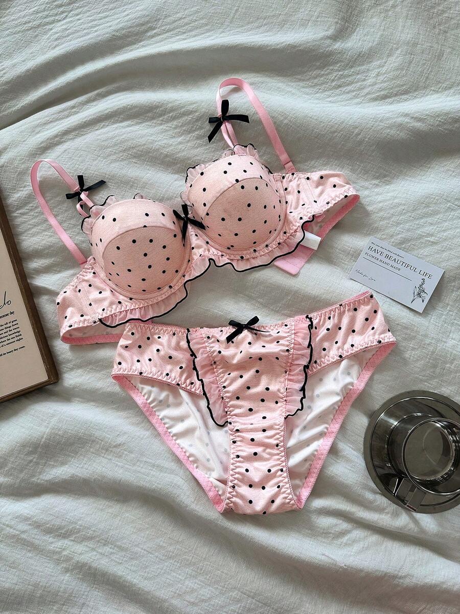Napfluff Set Bra Push-Up Setengah Cup Motif Polkadot Pink & Hitam dengan Pita untuk Wanita - Coral Pink - View 1