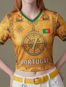 Elnivra 2026 Football World Cup Portugal Soccer Jersey Women's Cropped Green And Yellow Print T-Shirt Summer Streetwear Casual Retro Everyday Going Out - Yellow - View 8