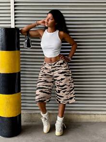 StreetHx Pantalones vaqueros de cintura baja con estampado de cebra, estilo callejero casual de moda Y2K, largo 7/8 - Caqui - Ver 5