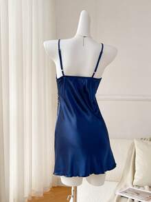 Moireta Camisón sin mangas de unicolor con encaje de contraste para mujer - Azul Marino - Ver 3