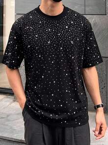 DAZY Black Rhinestone Embellished Loose Short Sleeve Men's T-Shirt Summer - Black - View 4