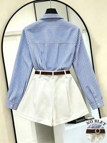 INAWLY Women's Striped Long Sleeve Single-Breasted Shirt And Shorts Casual 2 Pieces Set Fall Cloth For Women - Multicolor - View 2