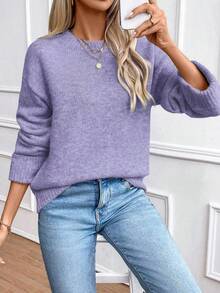 SHEIN 女款新款紫色圓領套頭毛衣，簡約時尚百搭 - 紫色 - 查看 7