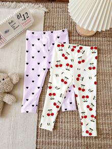 Dikirim 4 Paket Acak, 3 Paket Tersedia. Seri Warna Serbaguna, Seri Bunga & Garis-garis Manis, Legging Elastis Kasual Nyaman dan Lucu untuk Bayi Perempuan. - MultiWarna - View 5