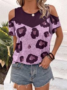 Yunfilé T-shirt d'été décontracté pour femme à manches courtes, imprimé léopard et blocs de couleurs, avec découpes aux épaules, top graphique imprimé guépard - Multicolore - Voir 5
