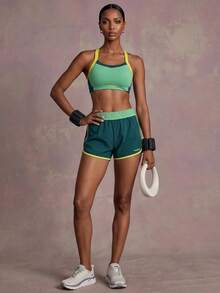 Powerista Green Colorblock Yellow Wide Shoulder Straps Sports Bra And Women's Gym Shorts Set For Running & HIIT Workout Women Summer Gym Sets - Green - View 6