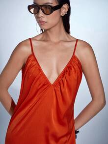 MERLEAU Robe sexy à bretelles spaghetti et col en V profond de couleur unie pour femmes - Rouge - Voir 5