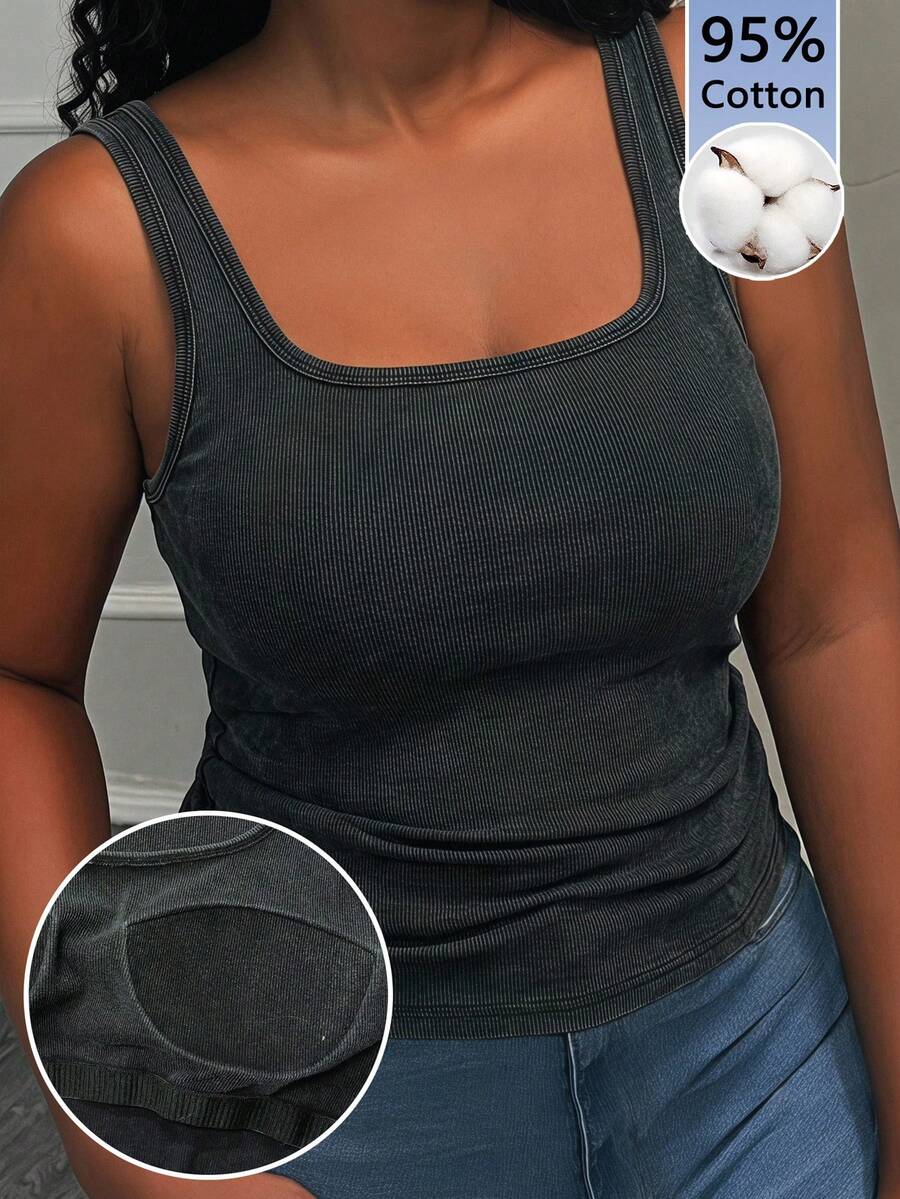 Slaydiva Plus Size Women's Solid Color Square Neck Tank Top With Washed Padded Chest - Black - View 1