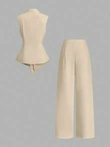 SHEIN Franclia Setelan 2 Potong Wanita Elegan Musim Semi/Panas 2026 Tanpa Lengan dengan Detail Kerut dan Kancing Logam - Khaki - View 2