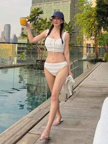 DAZY 3件套女士纹理吊带背心和迷你裙，休闲泳装沙滩装夏季 - 白色 - 查看 5