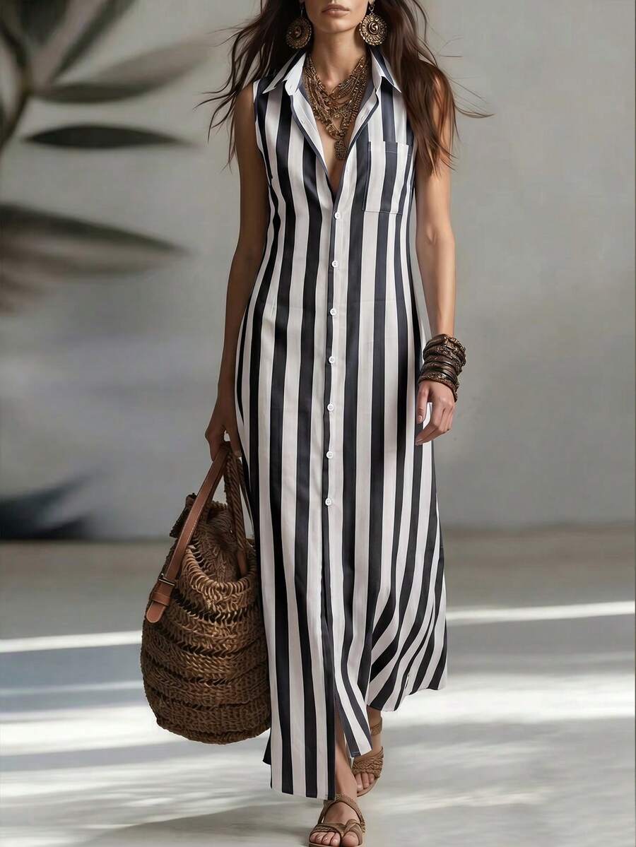 Balvessa Casual Striped Retro Sleeveless Open Front Shirt Dress, Suitable For Leisure And Work, Fashion For Women - Black and White - View 1