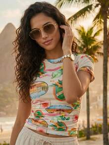 CAJUNI Tropical Print Short Sleeve Casual Vacation Top Beige Summer - Multicolor - View 5