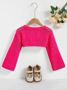 Young Girl Solid Color Hollow Knit Cropped Sweater - Hot Pink - View 2