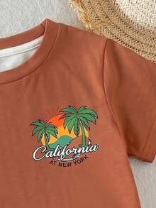 Baby Boy Simple Coconut Tree Print T-Shirt And Striped Shorts Set, Suitable For Summer Beach Holiday Cute Versatile Comfy - White - View 3