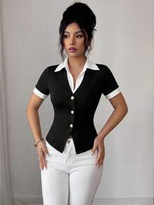 Elenzga Women's Elegant Commute 2 In 1 Patchwork Shirt Collar Teacher Daily Wear - Black - View 3