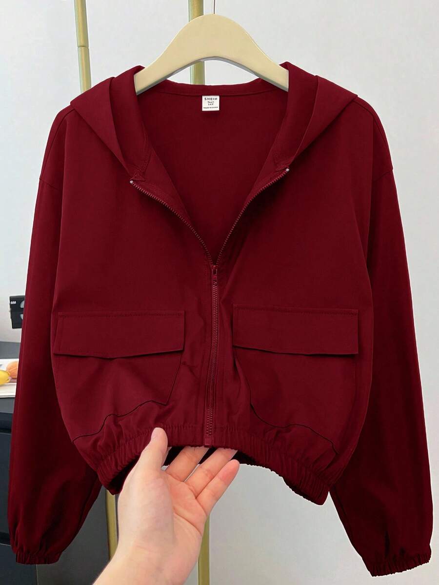 SHEIN 青少年女孩編織素色貼袋短版寬鬆休閒連帽外套 - 酒紅色 - 查看 1