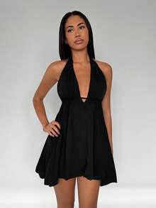 TRNVIE Women's Summer Solid Color Deep V-Neck Ruffle Hem Sexy Halter Neck Dress - Black - View 4