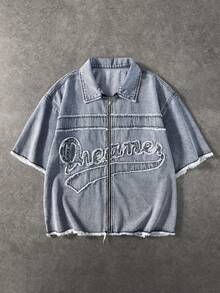 ROMWE MEN Chaqueta vaquera casual de verano para hombre con patchwork de letras - Azul - View 1