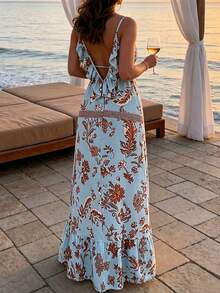 Weeklong Plus Size Women's Spring/Summer Ruffle Backless Print A-Line Casual Vacation Dress - Multicolor - View 1