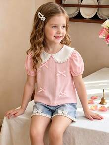 SHEIN Girls' Short Sleeve Top, Floral Shape Knitted Jacquard, Lace Trim Comfortable Casual Daily Wear Back To School, LuckyBag Ramdom 1pc - Pink - View 3