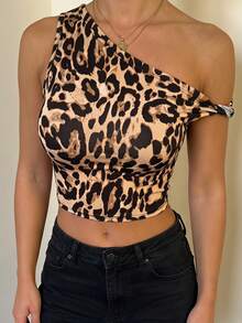 SHEIN SXY Leopard Print One Shoulder Twist Knot Elastic Bodycon Top Summer Holiday Beach Casual Fairy Flowy Sexy Boho Birthday Bachelorette Party Women - Multicolor - View 4