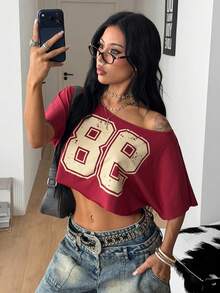 Coolane Women's Spring/Summer Streetwear Chic Y2K Daily Wear Everyday Graphics Asymmetrical Neck Crop T-Shirt Dark Red - Red - View 2