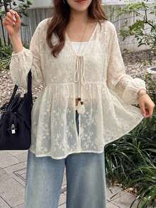 FRIFUL Women's Vacation Embroidered Tassel Front Tie Long Sleeve Fashion Blouse - Apricot - View 1