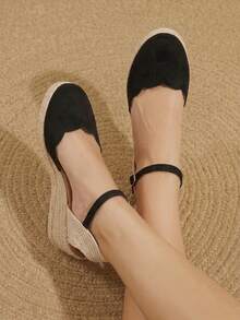 Styleloop Retro Simple Wind Wavy Edge Wedge Heel Shoes; Black Buckle With Closed Toe Versatile Commuter Sandals - Black - View 11