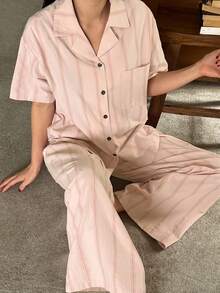 DAZY Conjunto de pijama de mujer con botones y contraste de colores a rayas - Rosa - Ver 5