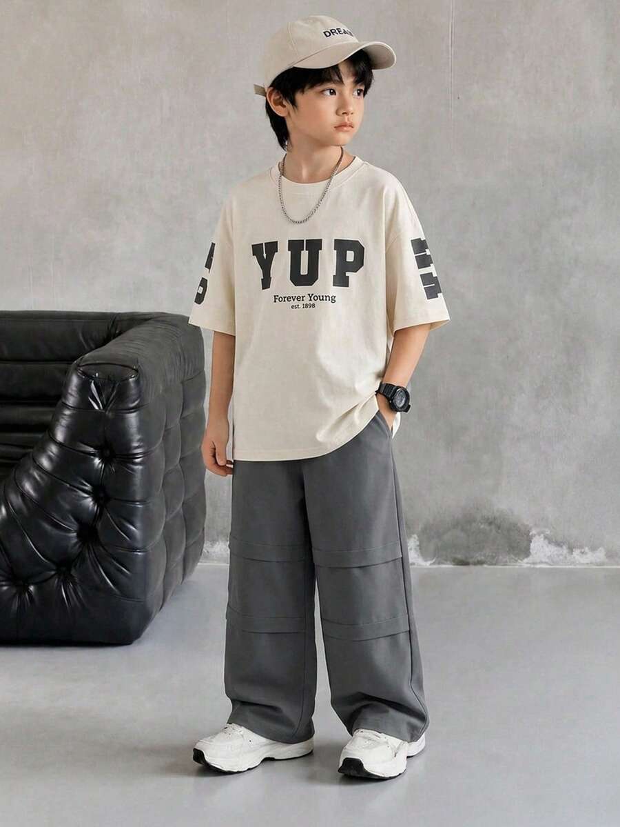 SHEIN Casuvi Kids 青少年男孩字母印花T恤與長褲兩件套 - 灰色 - 查看 1