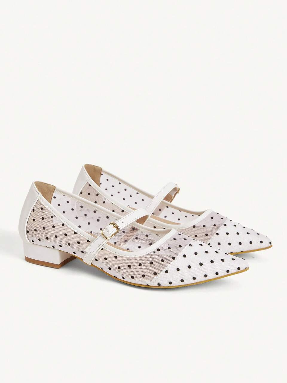 CUCCOO CHICEST Women Shoes Classic Fashion Polka Dot White Buckle Decorative Mesh Design Flat Shoes, Daily Commuting Elegant Dating Wear