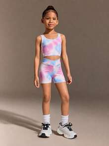 SHEIN Young Girls Clothing Printed Tank Top And Shorts Set, Designed For Young Girl Soft Elastic Fabric For Comfortable Movement, Play, Autumn Winter, Fall - Multicolor - View 4