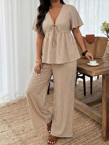 Weeklong Women's Plus Size Spring/Summer Casual Vacation Striped Front Tie Short Sleeve Shirt And Pants 2-Piece Set - Multicolor - View 5