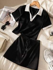 Franclia Women's Summer Casual Colorblock Patchwork Top Skirt Set School Black - Black and White - View 8