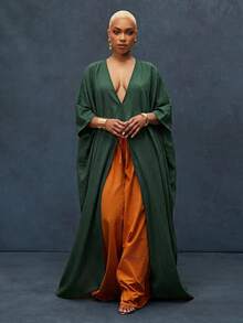 Vixey Solid Textured Woven Low V Neck Drop Shoulder Split Hem Maxi Top, Beach Cover Up, Resort Wear, Beach To Dinner, Vacation Top - Olive Green - View 2