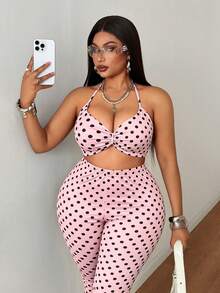 Maweii Plus Size Women Polka Dot Print Cropped Halter Tank Top And 3/4 Length Leggings Sexy Cute 2-Piece Set Vacation Dusty Pink Summer - Pink - View 6
