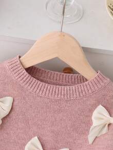 SHEIN Playful Pals 女童新款圓領寬鬆時尚甜美蝴蝶結針織洋裝，時尚時髦，適合居家、外出、聚會與開學穿著 - 粉色 - 查看 6