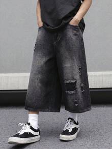 Manfinity EMRG Men's Pocket Distressed Wide Leg Loose Cropped Denim Jeans, Holiday - Black - View 5
