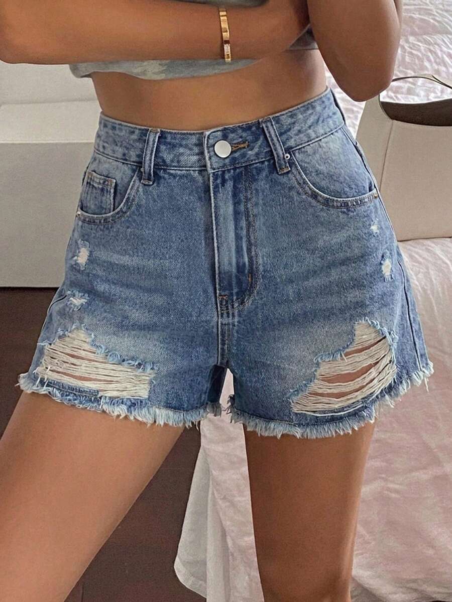 DAZY 女款高腰口袋磨損毛邊休閒牛仔短褲 夏季 - 藍色 - 查看 1