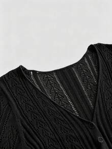 ROMWE Hippie Women's Faux Hand-Knitted V-Neck Fitted Long Sleeve Cardigan - Black - View 3