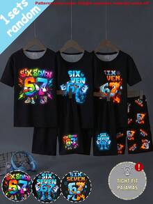 [3 Sets Randomly Sent 1 Set]Tween Boys Pajamas, Spring/Summer New Fashion Cool Glow-In-The-Dark Best-Seller Digital 67 Combination Pattern Printed Knit Tight High Elastic Fabric Short Sleeve Shorts 2-Piece Set Loungewear (UV Light Activated) - Black - View 3