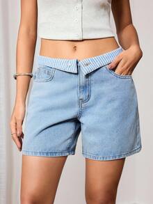 SHEIN Women's Blue And White Stripe Summer Loose Slimming Casual Streetwear Y2k A-Line Cuffed Denim Shorts Unique Contrast Color Striped Waistband - Light Wash - View 1
