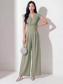 Heiryn Women's Solid Color Button Design Pleated Wide Leg Elegant Jumpsuit - Green - View 2