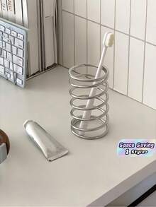 1 PC Stainless Steel Spiral Hollow Toothbrush Holder 2 In 1 Makeup Brush Pen Organizer Rack Bathroom Vanity Desk Quick Drying Multifunctional Storage Stand Space Saving Desk Tray Dorm Room Essential - Silver - View 1