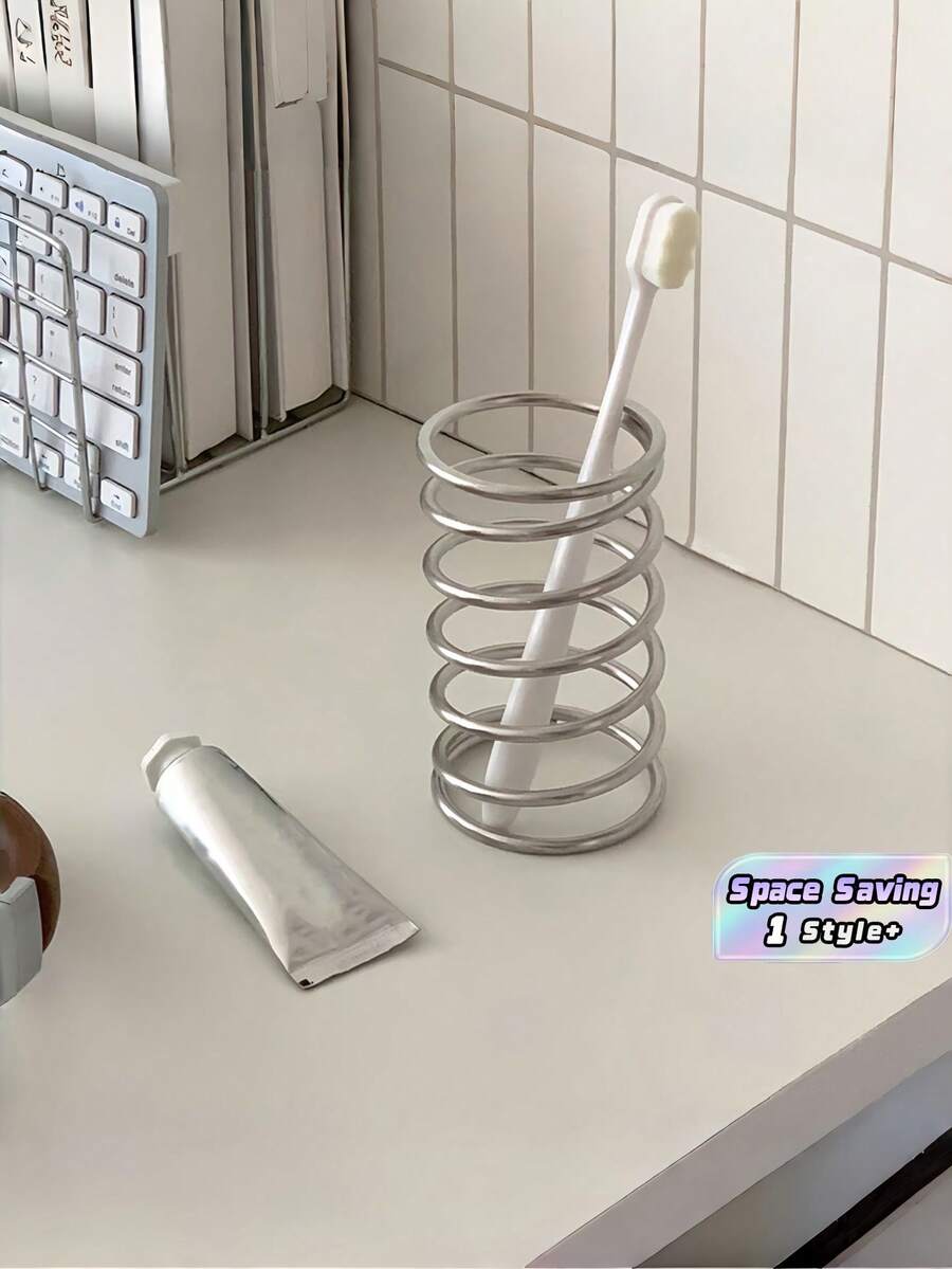 1 PC Stainless Steel Spiral Hollow Toothbrush Holder 2 In 1 Makeup Brush Pen Organizer Rack Bathroom Vanity Desk Quick Drying Multifunctional Storage Stand Space Saving Desk Tray Dorm Room Essential - Silver - View 1