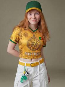 Elnivra 2026 Football World Cup Portugal Soccer Jersey Women's Cropped Green And Yellow Print T-Shirt Summer Streetwear Casual Retro Everyday Going Out - Yellow - View 3